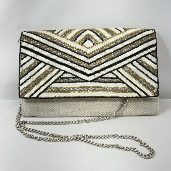 America & Beyond‎ Beaded Chevron Clutch Crossbody Bag White Gold Black NWOT